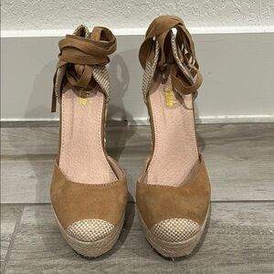 Tan Espadrille Wedges with Ankle Wrap Laces